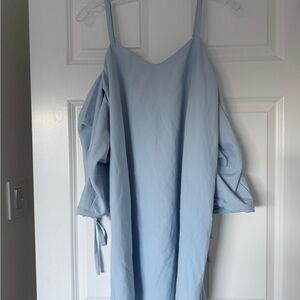 Blue Off The Shoulder Puff Sleeve Slip Dress with Spaghetti Straps